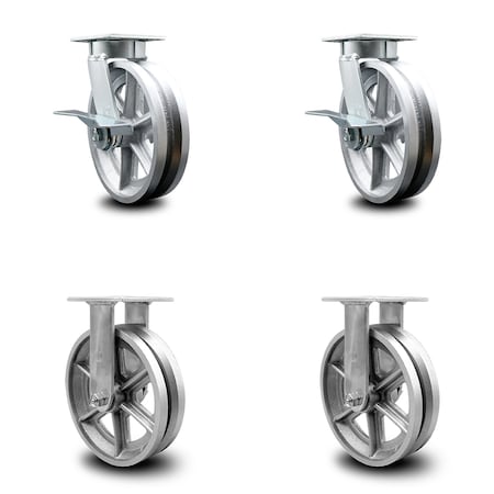8 Inch Kingpinless V Groove Semi Steel Wheel Swivel Caster Swivel 2 Rigid, 2PK